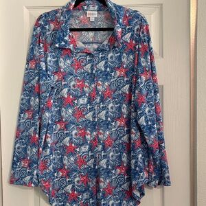 LuLaRoe Valentina long-sleeve button-up shirt featuring a starfish print
